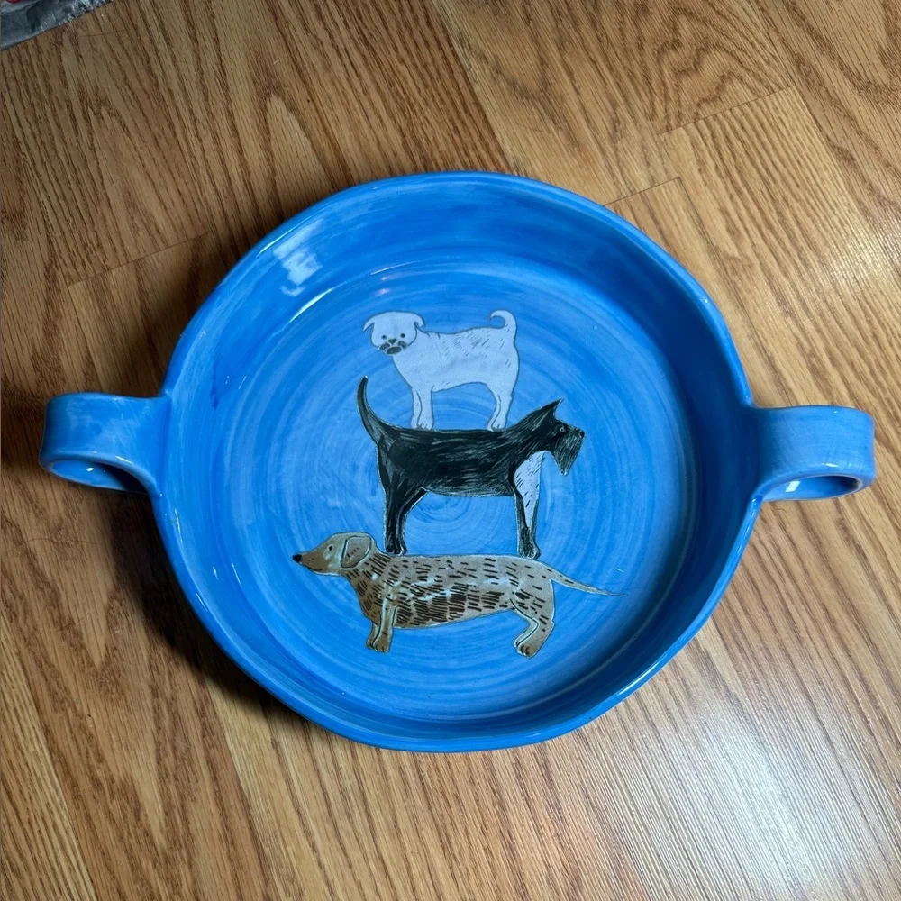 Anthropologie , Gemma Orkan Handpainted Blue with Handles Dog Dish,With 3 Dogs